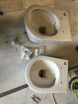 2 RAK Ceramics Compact D Shaped Wall Hung WC Toilet Pans & 1 Soft Close Seat