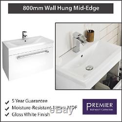 800mm Modern White Wall Mounted Hung Vanity Unit Mid-edged Basin and Cabinet