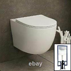 Abacus Wall Hung Rimless Toilet & Seat, Round Button Concealed WC Cistern Frame