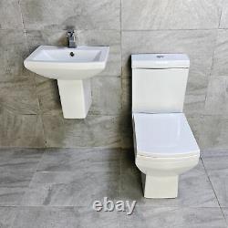 Amy Cloakroom Square Style wall hung basin & ped with Close Couple Toilet+ Seat