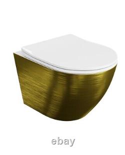 Anas Brushed Brass Gold Wall Hung Rimless Toilet Pan & Soft Close Seat