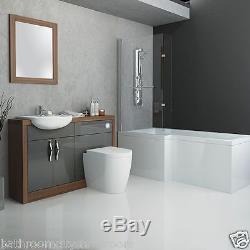 Bathroom 1700mm Shower Bath Suite with Walnut Grey Vanity Unit Toilet and Sink