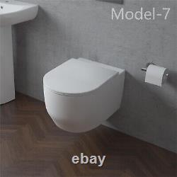 Bathroom Rimless Wall Hung Toilet Pan With UF Slim Soft Close Seat WC Round