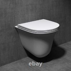 Bathroom Toilet Pan Ceramic Rimless Wall Hung D Shape & Soft Close Seat 485mm