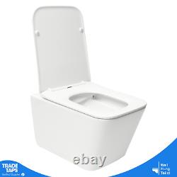 Bathroom Toilet Pan Ceramic Wall Hung Square Rimless & Soft Close Seat White
