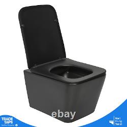 Black Bathroom Toilet Pan Ceramic Wall Hung Square Rimless & Soft Close Seat