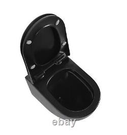 Black Modern Round Rimless Wall Hung Wc Toilet Pan With Slim Soft Close Seat Set
