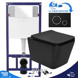 Black Square Rimless Wall Hung Toilet & 1.12m Concealed WC Cistern Frame Set