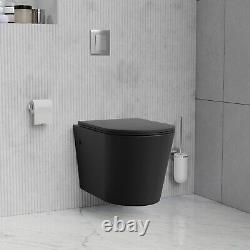 Black Wall Hung Toilet with Soft Close Seat Frame Cistern and Chrome Flush Ver