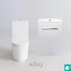 Close Coupled Toilet & Wall Hung Sink Basin Set Gloss White Modern Bathroom