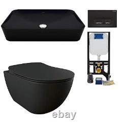 Creavit Matt Black Wall Hung Mounted Pan WC Toilet soft slim seat, Counter Basin
