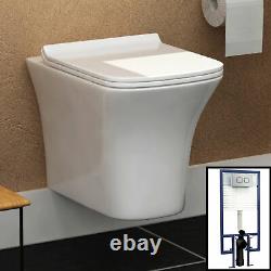 Cube Wall Hung Rimless Toilet & Seat, Square Button Concealed WC Cistern Frame