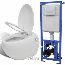 Egg-Shaped Wall Hung Toilet with Concealed Cistern Ceramic White and Blue