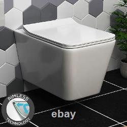 Elena Wall Hung Rimless Toilet & Square Button Concealed WC Cistern Frame, Seat