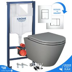 GROHE 1.13M Concealed Cistern WC Frame & RAK Rimless Wall Hung Toilet Matt Grey