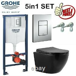 GROHE CONCEALED CISTERN WC FRAME WITH BLACK RIMLESS WALL HUNG TOILET PAN 5in1