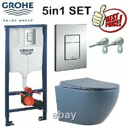 GROHE CONCEALED CISTERN WC FRAME WITH GREY RIMLESS WALL HUNG TOILET PAN 5in1