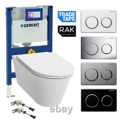 Geberit Duofix 0.82m Concealed Cistern Frame & RAK Rimless Wall Hung Toilet WC