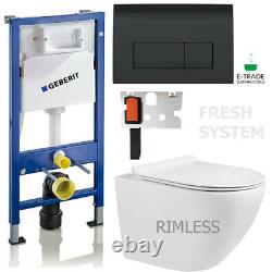 Geberit Up100 Frame+black Delta 51 Flush Plate+wall Hung Soft Closing Rimless Wc