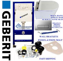 Geberit WC wall hung toilet frame with ceramic pan, chrome plate, brackets & mat
