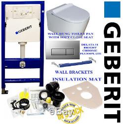 Geberit WC wall hung toilet frame with rimless pan, chrome plate, brackets & mat