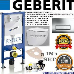 Geberit wall hung toilet frame with rimless pan, flushplate, soft close seat, wc