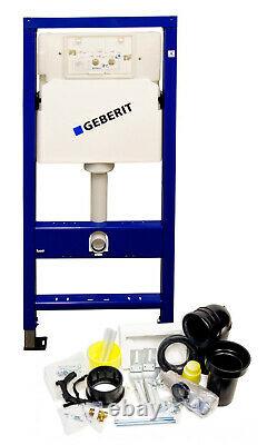 Geberit wall hung toilet frame with rimless pan, flushplate, soft close seat, wc