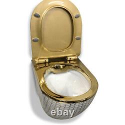 Gold Patterned Toilet Wall Hung Compact Rimless Wc With Slim Soft Closing Seat