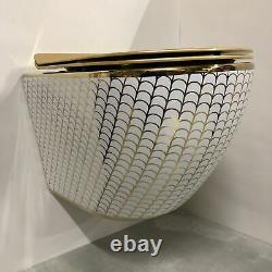 Gold Patterned Toilet Wall Hung Compact Rimless Wc With Slim Soft Closing Seat