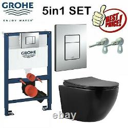 Grohe 0.82m Concealed Cistern Wc Frame With Black Rimless Wall Hung Toilet Pan