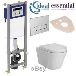 Ideal Standard Frame + Essential Rimless Wall Hung Toilet Pan & Soft Close Seat