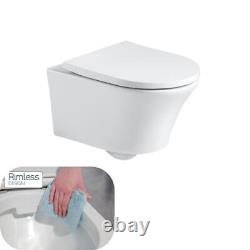 Modern Bathroom Toilet Pan Ceramic Rimless Wall Hung White & Soft Close Seat