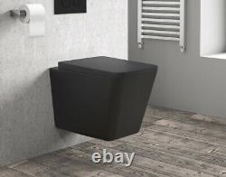 Modern Square Matt Black Rimless Wall Hung Mount Toilet wc pan Soft Close Seat