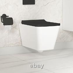 Modern Square Rimless Wall Hung Toilet Pan With Black Soft Close Slim Seat