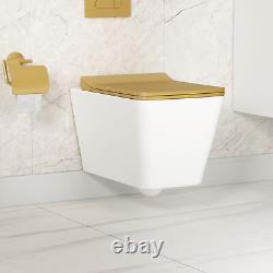 Modern Square Wall Hung Toilet Pan Rimless With Gold Soft Close Slim Seat