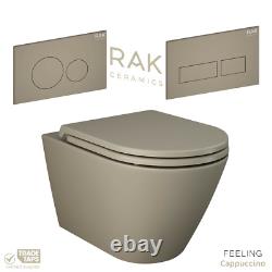 RAK Cappuccino Rimless Wall Hung Toilet WC Pan, Soft Close Seat & Flush Plate