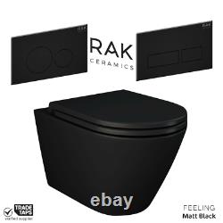 RAK Matt Black Rimless Wall Hung Toilet WC Pan, Soft Close Seat & Flush Plate