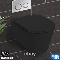 RAK Matt Black Wall Hung Toilet WC Pan & GEBERIT 0.82m Cistern Frame Flush Plate