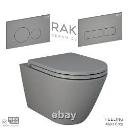 RAK Matt Grey Rimless Wall Hung Toilet WC Pan with Soft Close Seat & Flush Plate