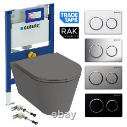 RAK Matt Grey Wall Hung Toilet WC Pan & GEBERIT 0.82m Cistern Frame Flush Plate