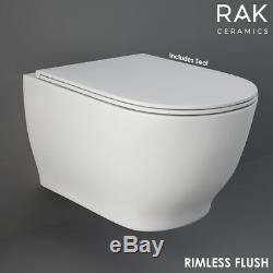 RAK Moon Rimless Wall Hung Toilet Hidden Fixations 560mm Depth Soft Close Seat
