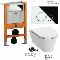 RAK Resort Rimless Wall Hung Toilet Pan Concealed Cistern Frame CP Flush Button