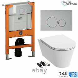 RAK Resort Rimless Wall Hung Toilet Pan Low Height 82cm Concealed Cistern Frame