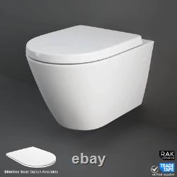 RAK Rimless Wall Hung Toilet, Seat & ECO Concealed Cistern WC Frame Chrome Plate