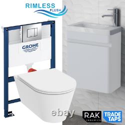 RAK Wall Hung Rimless Toilet WHITE Vanity Unit & Basin GROHE Dual Flush Cistern