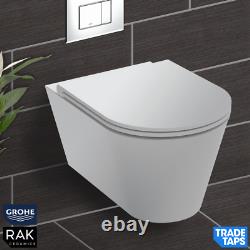 RAK Wall Hung Rimless Toilet WHITE Vanity Unit & Basin GROHE Dual Flush Cistern