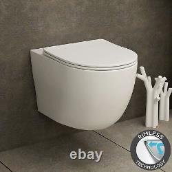 Rimless Wall Hung Toilet Pan Seat & Dual Cistern Frame WC White Flush Plate