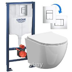 Rimless Wall Hung Toilet Pan, Seat & GROHE 1.13m Concealed Cistern Frame WC