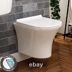 Rimless Wall Hung Toilet Pan Soft Seat & Dual Cistern Frame Black Flush Plate