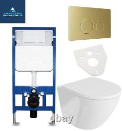 Rimless Wall Hung Toilet Pan Wc Frame Concealed Cistern Brushed Brass Round Plat